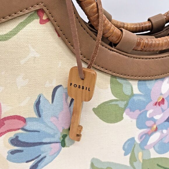 Fossil Hibiscus Boat Double Bamboo Handle Bag Floral Purse 75082 Key Charm - Picture 2 of 11